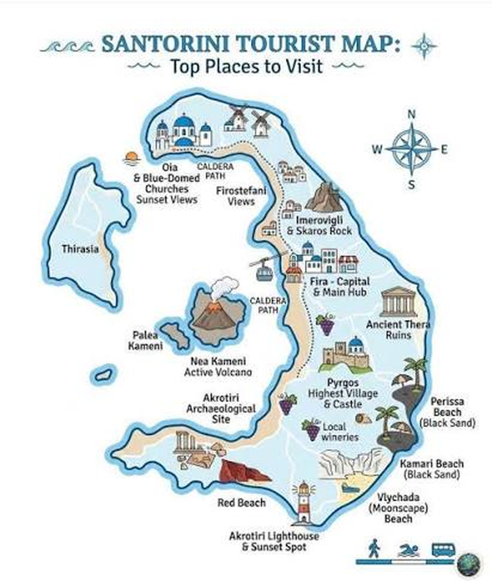 Santorini tour map for Oia, Fira, and cruise port return points